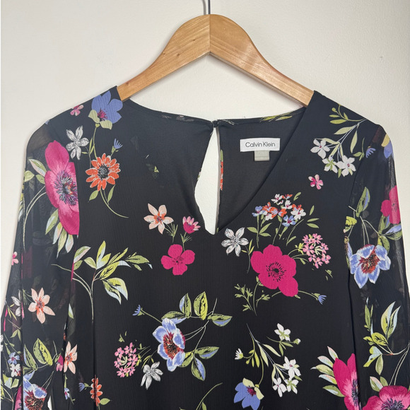 Calvin Klein Dress Women 10 Chiffon Floral Print Bell Sleeve Fairy Spring Party - Picture 4 of 8